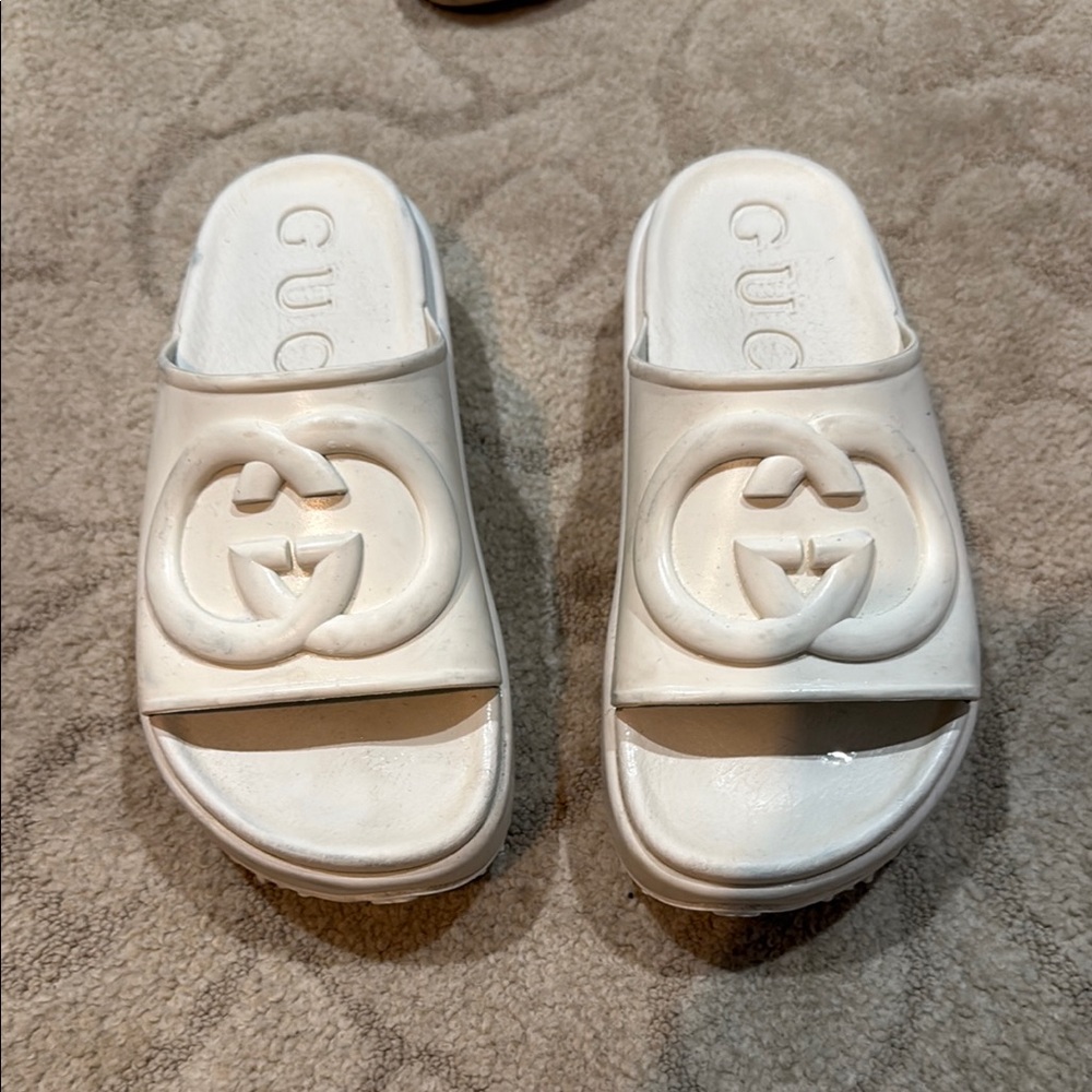 Gucci White Logo Slide Sandals